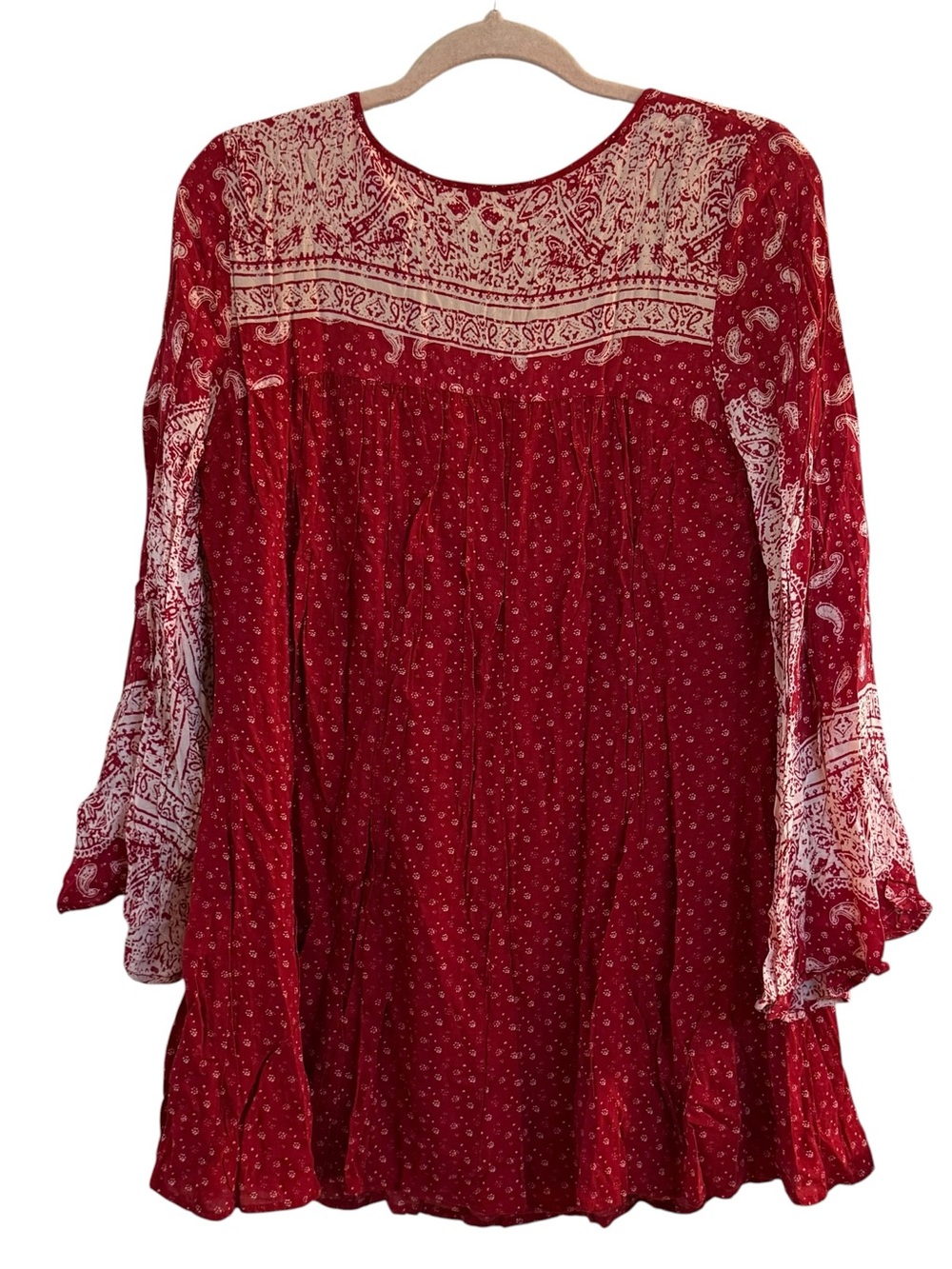 Free People Size Small Paisley Bell Sleeves BOHO Dress Red White . - Picture 2 of 10